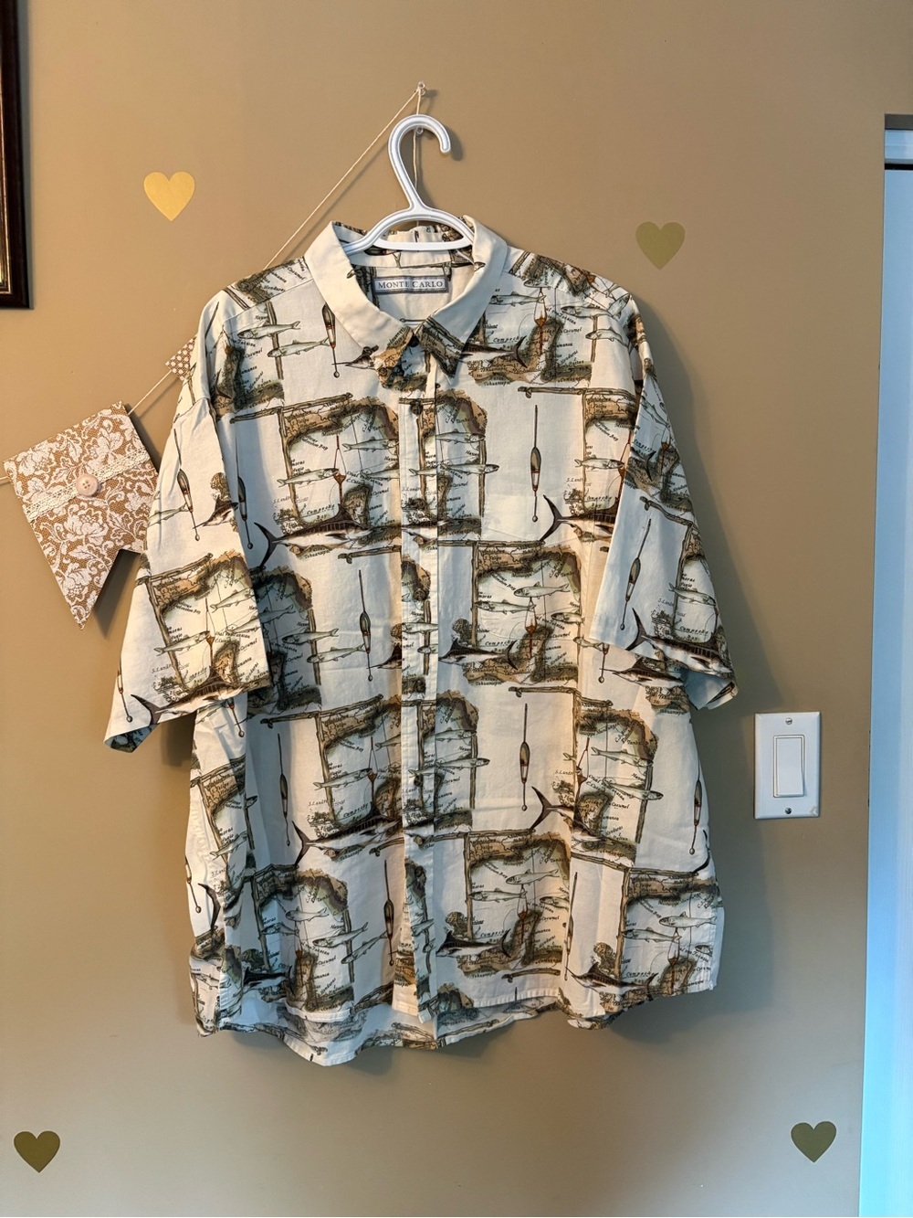Monte Carlo Men’s Vintage Style Fishing Map Print Short Sleeve Shirt - Picture 2 of 12